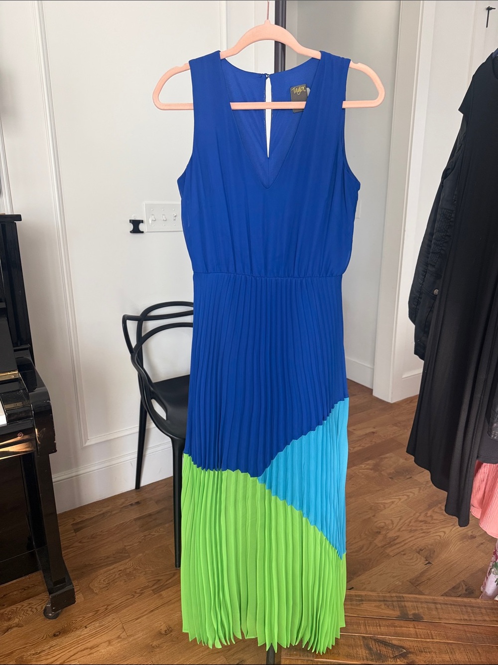 Taylor Sleeveless Colorblock Pleated Maxi Dress in Cobalt, Aqua & Lime